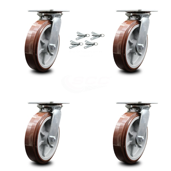 8 Inch Polyurethane Caster Set with Roller Bearings and Swivel Locks SCC